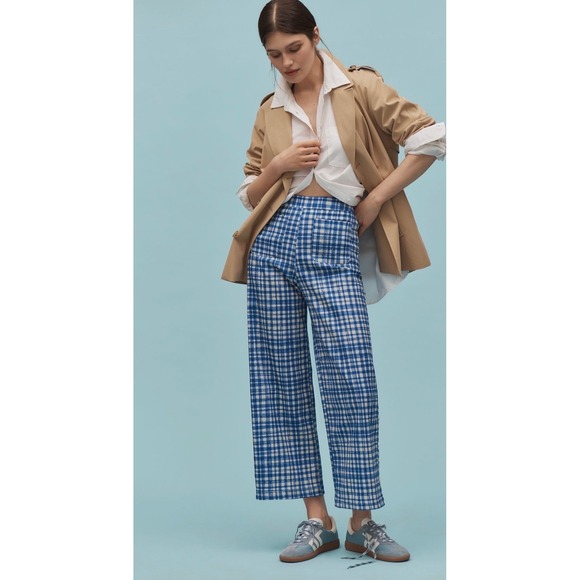 Corey Lynn Calter Pants - Corey Lynn Calter Anthropologie Gingham Crop Wide Leg Pants Womens L Blue